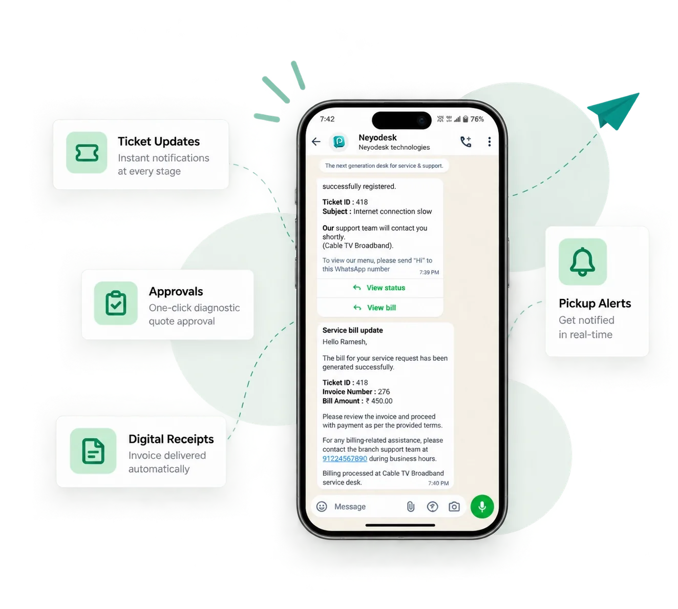 Neyodesk WhatsApp AC repair ticket and billing notifications
